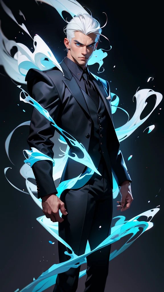 envision a 8k, highres, cinematic full body design sheet of a strong faced man with a slender body, no facial hair with short sleek white hair, and blue eyes wearing black vest and collard shirt, blazer, magic effects against a dark gray background