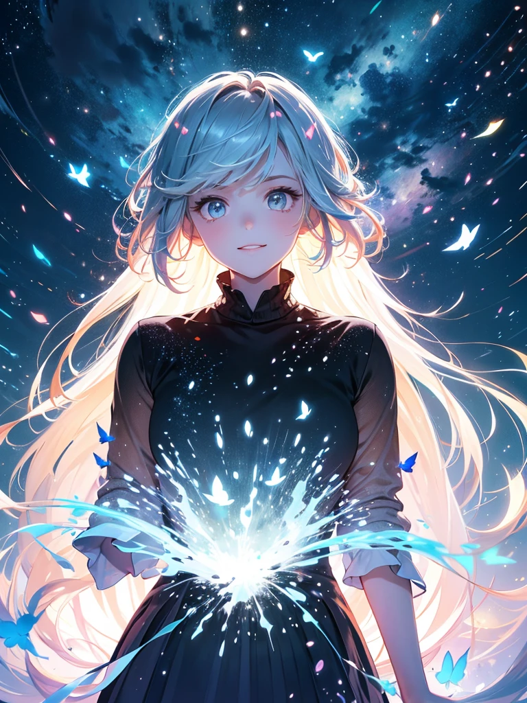 Attention to detail, Super Detail, Ultra-high resolution, Angels having fun in a dream galaxy, Full moon behind the girl, The color of the moon is light blue,The moonlight that shines on her, The Milky Way can be seen against the forest background, Colorful butterflies flutter around her,Steppe in the forest,Delicate face, Add a fantastical atmosphere ,