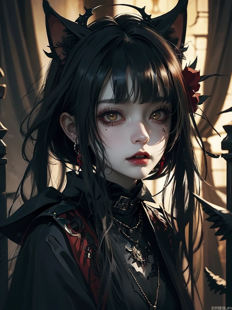 Highest quality、8K、masterpiece：1.3、Gothic Punk、The inside  is red、Black-haired、hair ornaments、Beautiful girl、creative、Dark Fantasy Style、Neogoth、Goth Fashion：1.2、Yellow Eyes、I can see the fangs、Castle at night