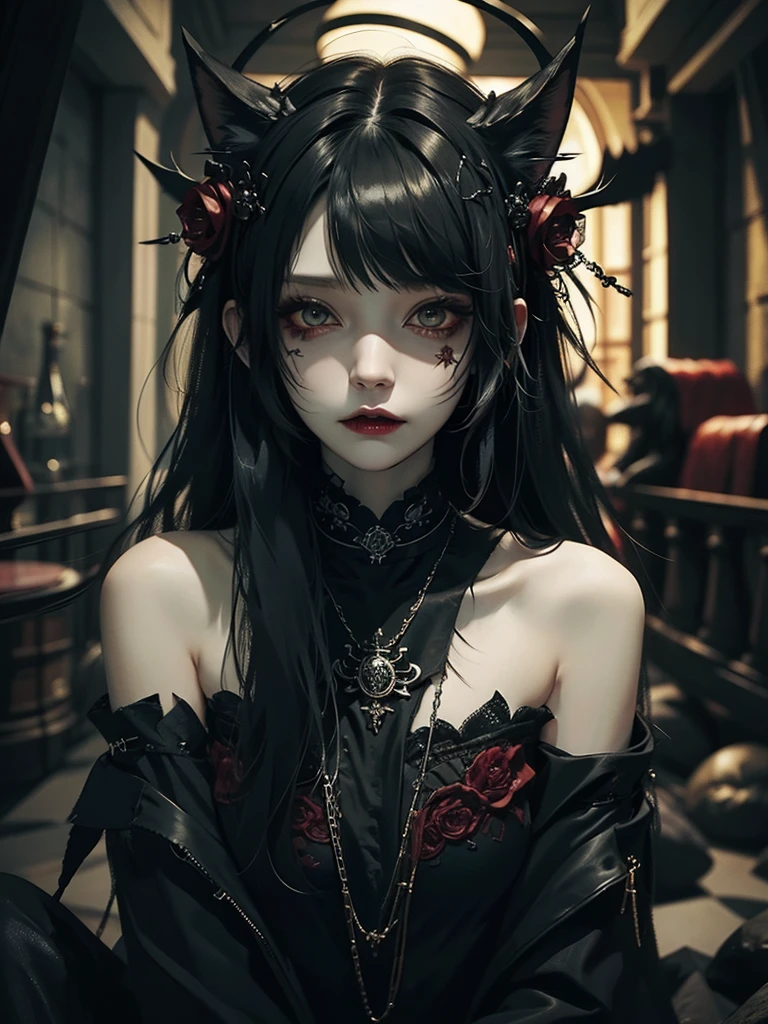 Highest quality、8K、masterpiece:1.3、Gothic Punk、The inside is red、Black-haired、hair ornaments、Beautiful girl、creative、Dark Fantasy Style、Neogoth、Goth Fashion:1.2、Yellow Eyes、I can see the fangs、Castle at night