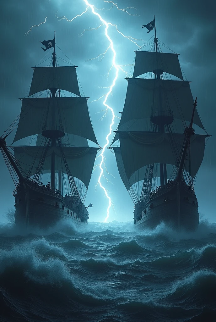 a giant pirate ship and another twice as big , both with black flags next to each other in the middle of a violent storm at night. a lightning bolt tears the black sky, giant waves rise and a lot of rain.