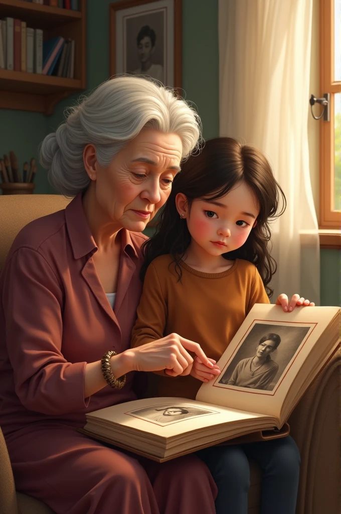 Image:** Luna sitting in the living room with her grandmother, while she shows him an old photo album. Grandma points to a photo of herself when she was young, with a serious but determined face. The atmosphere is warm, with sepia tones that give a nostalgic air, while Luna&#39;s expression reflects an internal awakening, with a mix of curiosity and reflection.