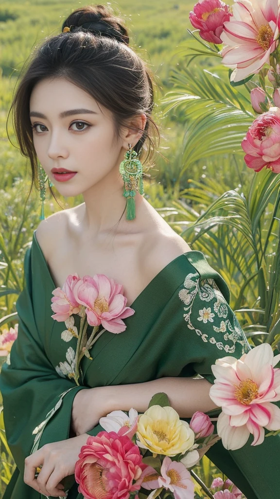 (masterpiece, top quality, best quality, official art, beautiful and aesthetic:1.2), (1girl:1.3), extremely detailed,(fractal art:1.1),(colorful:1.1)(flowers:1.3),highest detailed,(zentangle:1.2), (dynamic pose), (green field background:1.3), (chinese Traditional cloth:1.2), (shiny skin), (many colors:1.4), ,(earrings:1.4),
