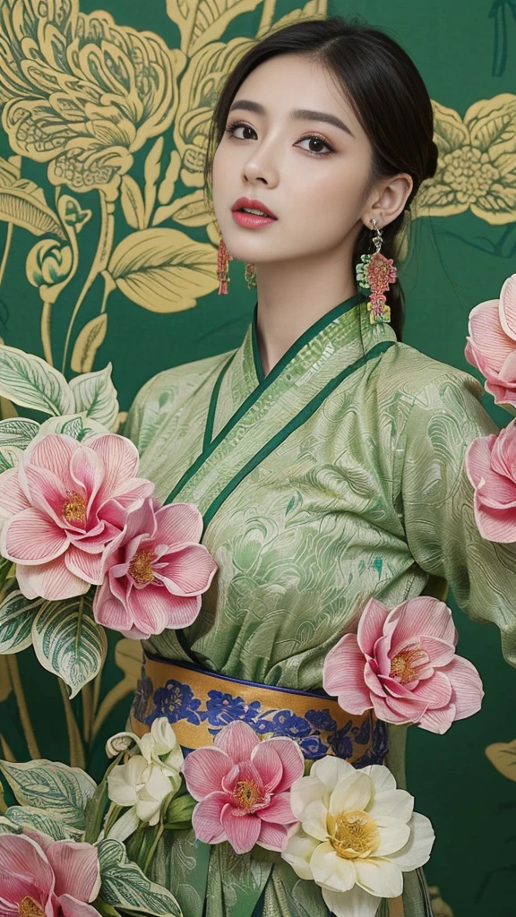 (masterpiece, top quality, best quality, official art, beautiful and aesthetic:1.2), (1girl:1.3), extremely detailed,(fractal art:1.1),(colorful:1.1)(flowers:1.3),highest detailed,(zentangle:1.2), (dynamic pose), (green field background:1.3), (chinese Traditional cloth:1.2), (shiny skin), (many colors:1.4), ,(earrings:1.4),