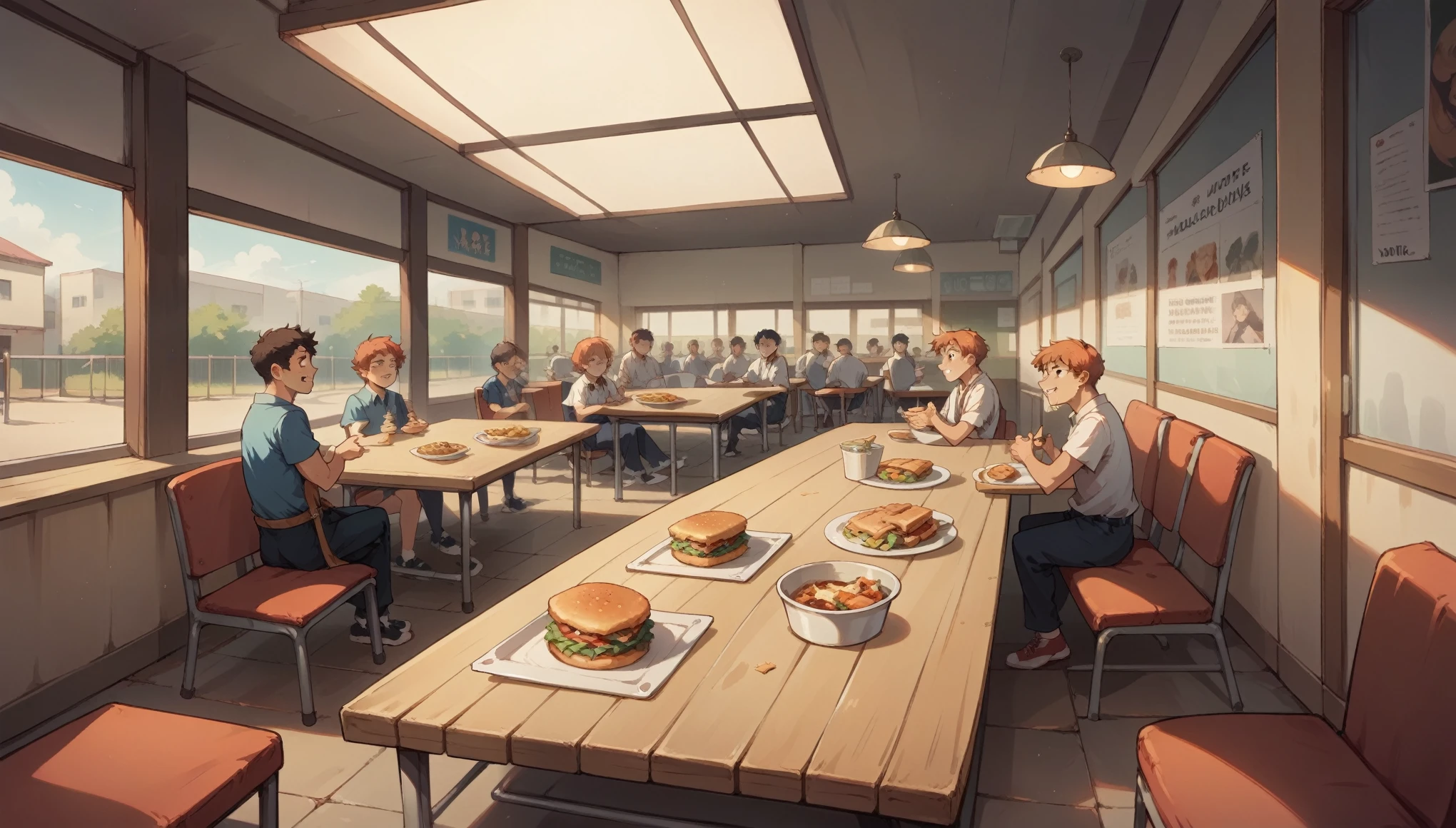 "A busy high school cafeteria with long tables and benches arranged in rows. Students are sitting in groups, eating lunch, and chatting animatedly. The walls are adorned with posters promoting healthy eating and upcoming school events. A line of students is waiting at the counter where food is being served, with trays in hand. The atmosphere is lively and filled with the sounds of conversation and laughter."
