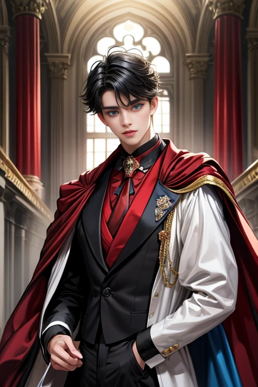 masterpiece, 最high quality, high quality, 1 boy, alone, Male focus, Upper Body,Watching the audience, Messy black hair, Adorable big blue eyes, White, Noble, Noble,A black and red cape that is bursting with sexy volume、Tuxedo、A very voluminous, large, very large, very large, long, long red and black cape with a high stand-up collar, made of a lot of fabric that reaches down to the floor., ,cute beautiful,Cute, cute, kind, handsome guy