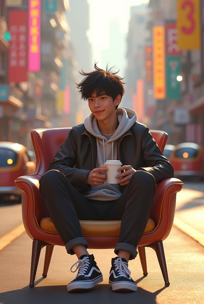 a young man shorty black messy haircut, wear outfit jacket clothes, long pant clothes, wear vans shoes, sit down in elite chair while crossed legs middle road while holding white coffee glass cup, natural, sweetly smile, future places, colorful lighting sun, future cars, award winning photography, real hyper realistic, real human japanese, UHD 8k, detailed photo, perfect face, detailed places, landscape, full body, photo was taken from a long distance in the future city