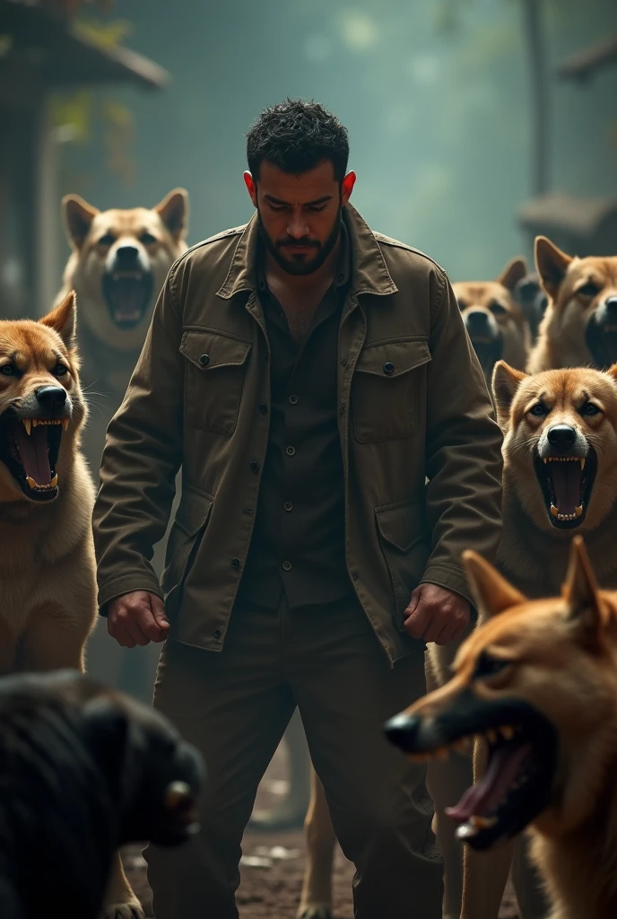 Confrontation with the Dogs
A tense standoff between Agus and a pack of menacing dogs, their growls filling the air, as the camera captures the sweat dripping from Agus' brow, cinematic, dramatic lighting,--ar 16