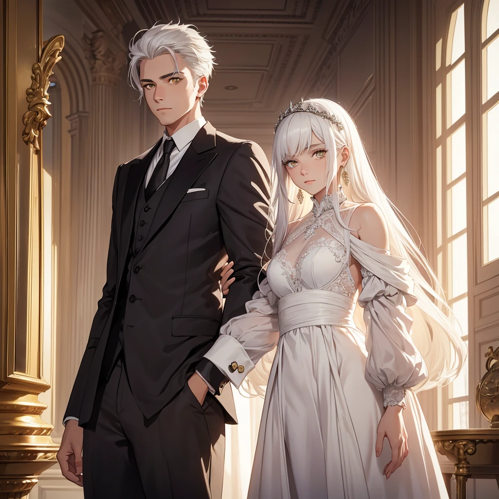 a young girl and a man, both with elegant clothing, white hair and yellow eyes, detailed portrait. Being in an elegant room.