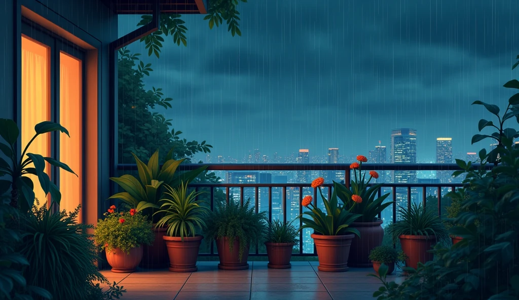 animation on a rainy nigt,the balcony becomes a haven of peace, where the gental patter of raindrops brings a quite calm to the rain,and balcony has diffrent plants ,full of lights, view from balcony