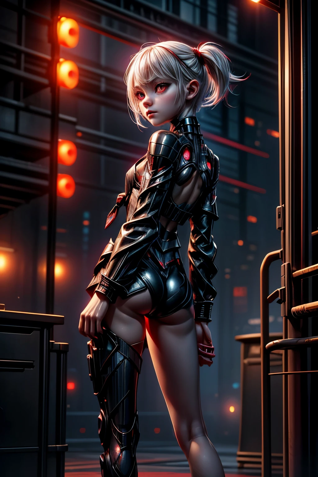 appearence a   girl,red eyes,albino,calm,quiet,cute,pretty,full body,looking ahead,short hair combed back,red outfit,black short,tied hair,spider verse suit,serious look,cyberpunk background 