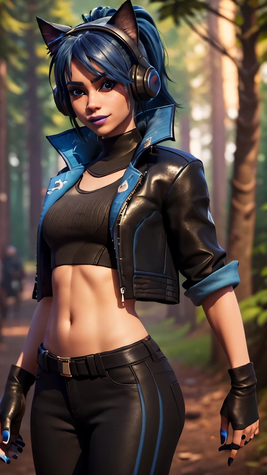 Forest background, 1girl, solo, Heroic Hope from fortnite, (crop top, black top, open clothes), (jacket crop top, black jacket, blue loose, jacket loose), fingerless gloves, black pants, blue hair, ponytail, blue eyes, headphones, cat ears headphones, blue lips, lipsticks, blue nails, nail polish, smirk