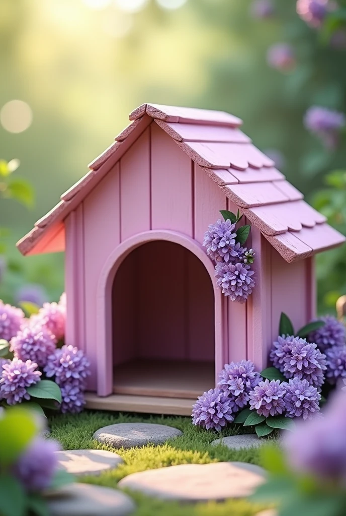 A pink dog house with lilac flowers drawn on it 