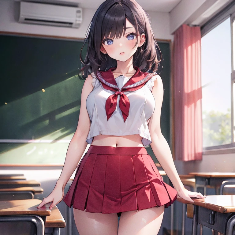 Anime Waifu beautiful detailed eyes, beautiful detailed lips, extremely detailed eyes and face, longeyelashes, 1girl, sensual, young woman, medium breasts, beautiful feminine face, nice thighs, slim, sexy, erotic, beautiful clothes, perfect body, cinematic lighting and framing, (best quality,4k,8k,highres,masterpiece:1.2),ultra-detailed,digital painting,portrait,glamorous,highly detailed,soft lighting,warm color tones Perfect human body,1 girl, (very highly detailed background,Classroom), clavicle,Sleeveless sailor suit,navel,Low-rise miniskirt,((woman with fever)), ((perspired,college aged))), Colossal ,Indecent expressionlush blush:1.2),Pubic hair shows through,Next to him stood a man,Man taking photo of girl,,