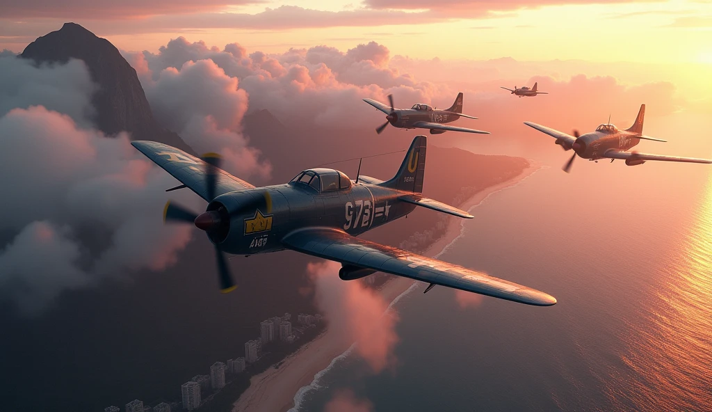 a highly detailed 3d render of several Republic P-47 Thunderbolt fighter planes flying over the coastline of Rio de Janeiro, Brazil, dramatic lighting, vivid colors, volumetric fog, photorealistic, cinematic composition, masterpiece
