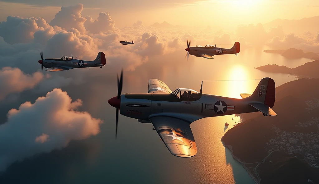a highly detailed 3d render of several Republic P-47 Thunderbolt fighter planes flying over the coastline of Rio de Janeiro, Brazil, dramatic lighting, vivid colors, volumetric fog, photorealistic, cinematic composition, masterpiece