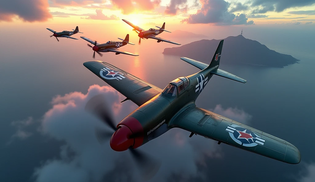 a highly detailed 3d render of several Republic P-47 Thunderbolt fighter planes flying over the coastline of Rio de Janeiro, Brazil, dramatic lighting, vivid colors, volumetric fog, photorealistic, cinematic composition, masterpiece