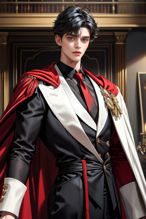 masterpiece, 最high quality, high quality, 1 boy, alone, Male focus, Upper Body,Watching the audience, Messy black hair, Adorable big blue eyes, White, Noble, Noble,A black and red cape that is bursting with sexy volume、Tuxedo、A very voluminous, large, very large, very large, long, long red and black cape with a high stand-up collar, made of a lot of fabric that reaches down to the floor., ,cute beautiful,Cute, cute, kind, handsome guy