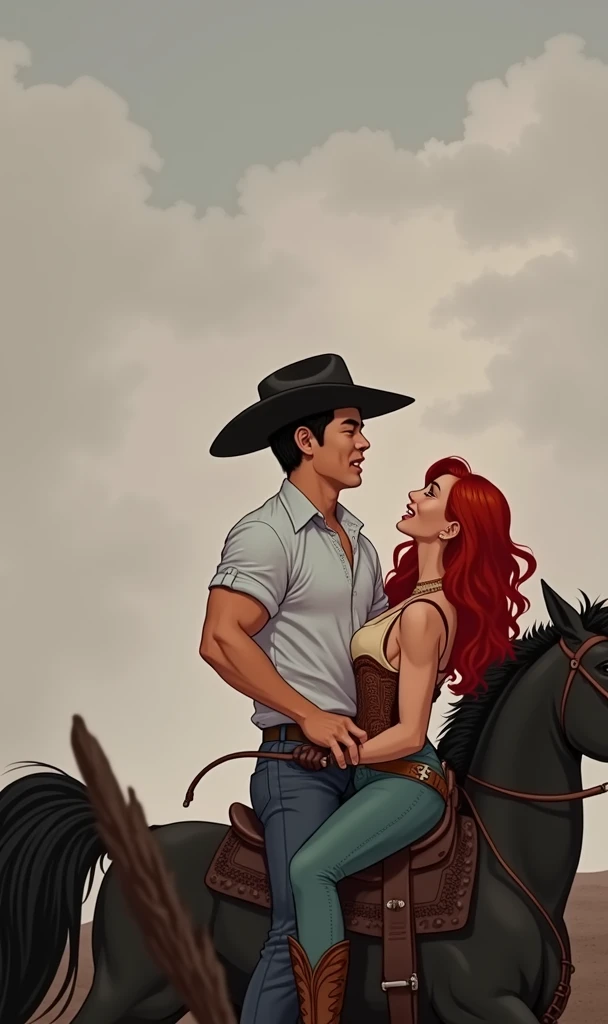 create a cartoon image where a muscular Korean man wearing a shirt rolled up to the elbow, dark jeans, black cowboy boots and hat, he is riding on a black hair and a red haired woman, with long, wavy hair is sitting behind him, wearing a pair of jeans, corselete e botas country. 