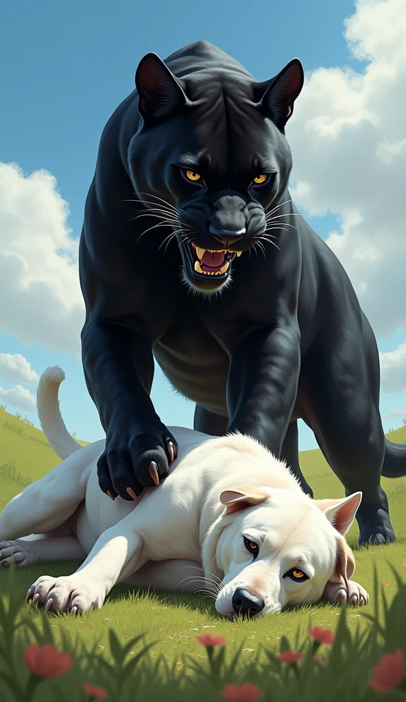 A dramatic scene in a grassy field under a bright blue sky with light clouds. A fierce black panther with sharp, menacing eyes stands over a large, muscular white dog lying on the ground. The panther's paw is resting on the dog's side, and its mouth is open, revealing sharp teeth. The dog appears to be unconscious, with its eyes closed, creating a tense, suspenseful atmosphere in the natural setting.