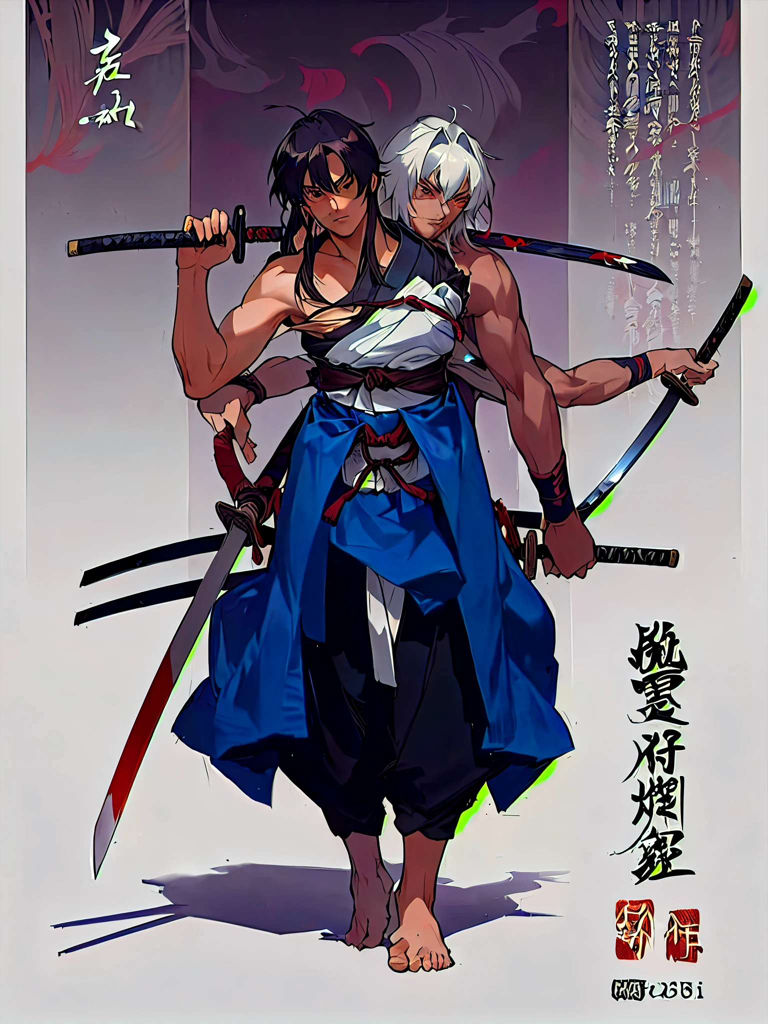 a close up of a person holding two swords in their hands, ninja scroll anime style, traditional japanese concept art, dual swords, by Okada Beisanjin, anime ninja scroll, in japanese anime style, rurouni kenshin, ikki tousen, rob rey and kentaro miura style, shikanosuke yagaki, samurai style