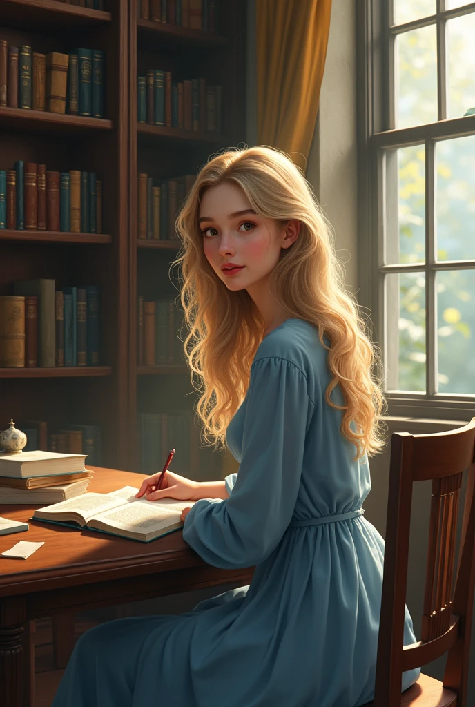 20 year old girl, white, blonde with wavy hair, brown eyes and long blue dress, sitting at a library table