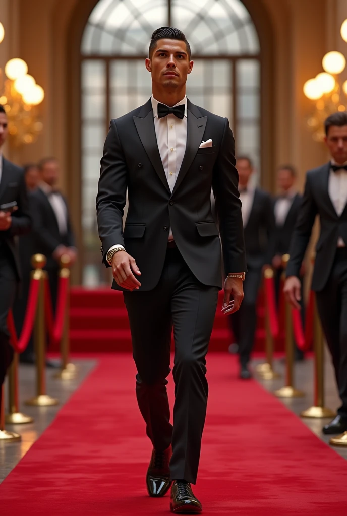 Cristiano Ronaldo ;qui porte des vêtements de luxe;marchants sur un tapis rouge;à paris
