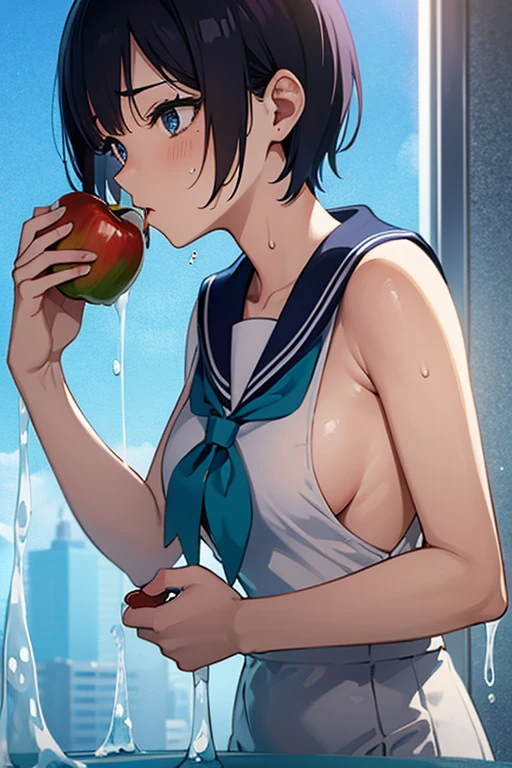 Striped,Highest quality, Double one,Junji Ito,undressed Sailor Mercury covered in translucent slime and sweat, eating an apple
