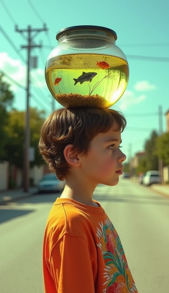 Photography, intricate details, cinematic shot. Subject: Kid with a fish tank with fish in it on his head, looking disturbed, not facing the camera, sideview angle. Style subject: kid, summer clothes, vibrant colors. Background: empty streets, American suburbia around 1970s. Emphasizers: sunlight, OrangeCore, green color of fishtanks, GreenCore. Camera: Shot on iPhone 15 Max, wide nagle mode