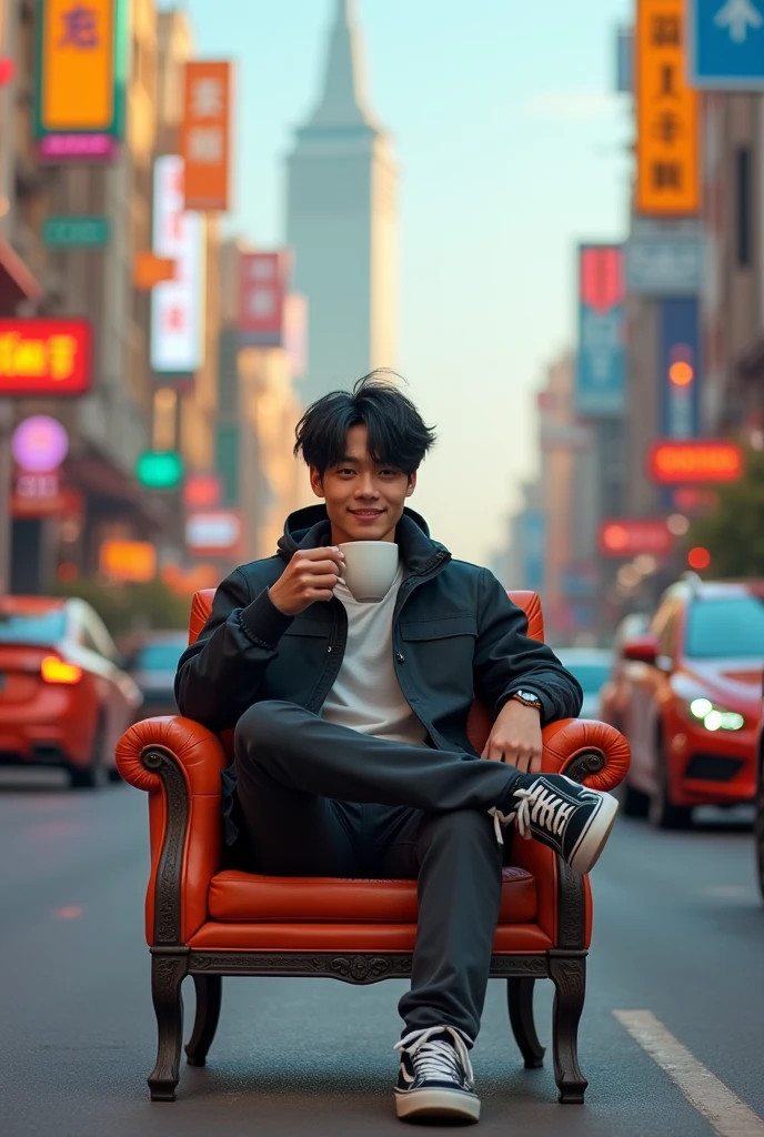 a young man shorty black messy haircut, wear outfit jacket clothes, long pant clothes, wear vans shoes, sit down in elite chair while crossed legs middle road while holding white coffee glass cup, natural, sweetly smile, future places, colorful lighting sun, future cars, award winning photography, real hyper realistic, real human japanese, UHD 8k, detailed photo, perfect face, detailed places, landscape, full body, photo was taken from a long distance in the future city