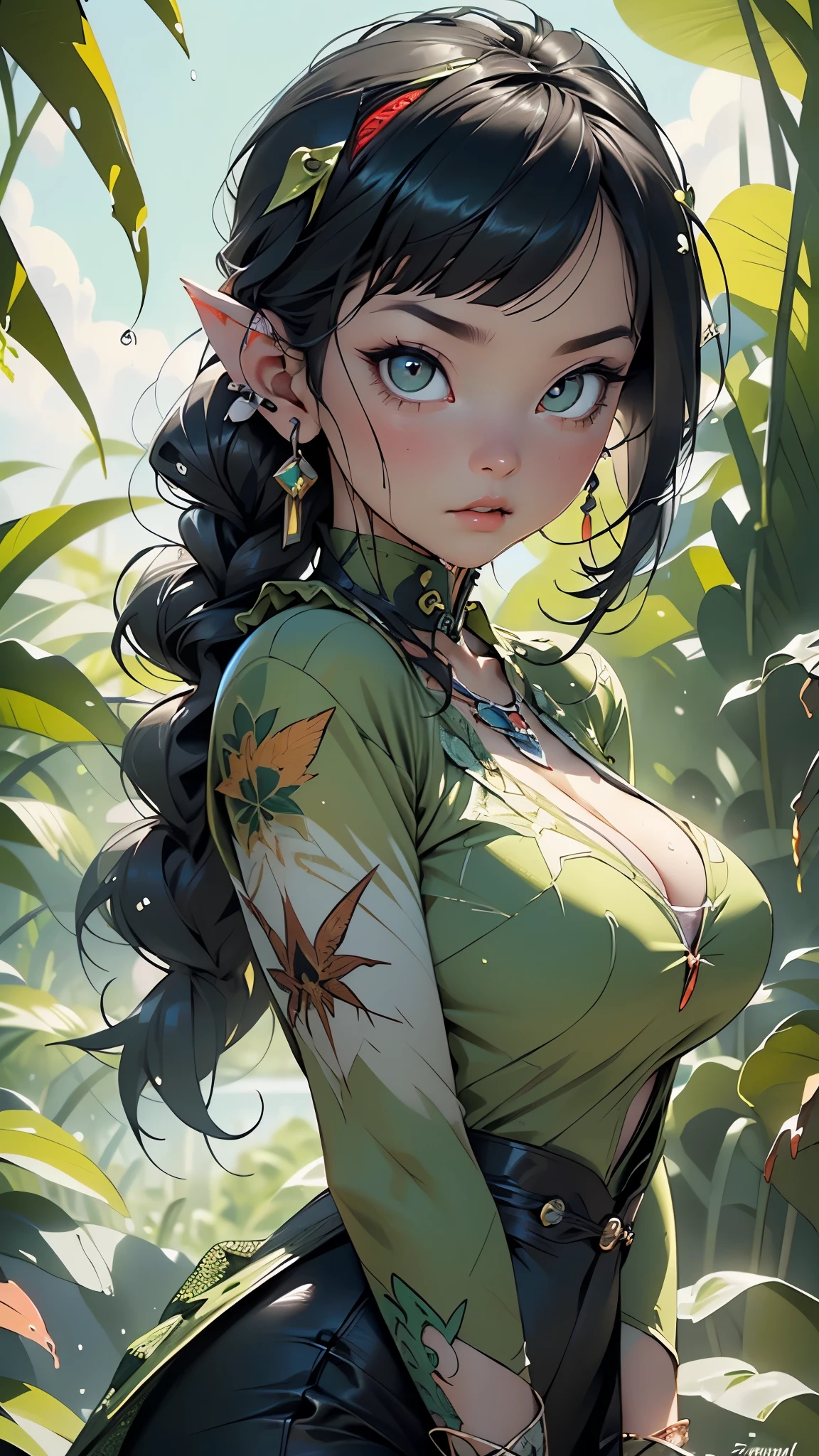 alien girl,(((1girl))),((beautiful alien girl)),

alien fish girl,(huge eyes:1.5),(((ear fins:1.5))),(((scaly skin:1.5))),((monster_girl)),

(((black hair:1.4,straight hair,bangs, frills,long hair:1.4,braids,colored inner hair))) 

(glowing eyes, green_eyes:1.0),(((black sclera:1.5))),symmetrical eyes,
(large breasts:1.4),saggy breasts,((colored inner hair)),((fat)),(((lustrous skin:1.5,bright skin: 1.5,skin tanned,shiny skin,very shiny skin,shiny body,plastic glitter skin,exaggerated shiny skin,illuminated skin,wet legs))),(spider lower abdomen,narrow waist,wide hip,athletic body,inflated legs, thick thighs,detailed body,(detailed face)),

(green-yellow scales:1.5,snake scales all over body), (snake scales on breast:1.5),(scales covering her chest:1.4),

cute,slutty,sensual,seductive look,seductive,((erotic)),opulent,sumptuous,longingly,((nsfw)),

queen,goddess,fantasy,(((wearing an extremely detailed BZCC costume in textured green colors, with a marijuana headdress on the head and carnival wings on the back of the body,cempasuchil flower necklace))),((huge cleavage)),(((wet body,wet clothes,wet hair,intricate outfit,intricate clothes,ornate outfit,ornate clothes))),

(dynamic pose:1.0),embarrassed,(centered,scale to fit dimensions,Rule of thirds),

((Sky, Sea, clouds,)), with dark stormy clouds,((beach scenery,intricate scenery)),

(Glossy mexican ornaments),highres,sharp focus,(ultra detailed,extremely detailed),(photorealistic artwork:1.37),(extremely detailed CG unity 8k wallpaper),(((vibrant colors,vibrant theme))),(intricate),(masterpiece),(best quality),artistic photography,(photography taken by sldr),(intricate background),perfect rendered face,perfect face details,realistic face,photo realistic,((intricate detail)),(((realism))),
