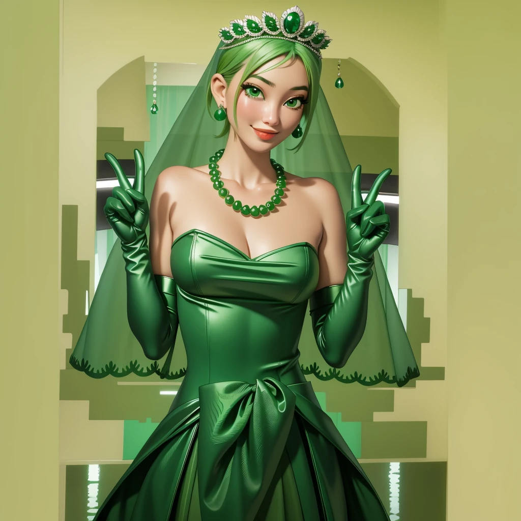 Emerald tiara, Green Pearl Necklace, ボーイッシュな非常に短いGreen Hair, Green Lips, Smiling Japanese woman, Very short hair, Busty beautiful lady, Green Eyes, Green satin long gloves, Green Eyes, Emerald Earrings, Green veil, all, Green Hair, Beautiful Japanese Woman, green lip gloss