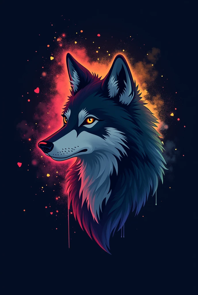 Colorful signs, Simple cute little wolf head vector art logo illustration, front, magic, Sharp design, Soft, monochrome, Dark magic colorful splash paint, T-shirt design, Studio Ghibli style, Design should be vector art . Use Adobe Illustrator, Create a clean, Simple yet charming logo. Keep the design focused on the cat’s eye, Capture its uniqueness and charm. The logo should evoke a feeling of sophistication and serenity. Emphasis on low-poly style,Add a touch of luxury. The overall appearance should be stylish and beautiful, Related to your brand and logo goals, black background, ((symmetry)) This is a wolf,Do not reflect