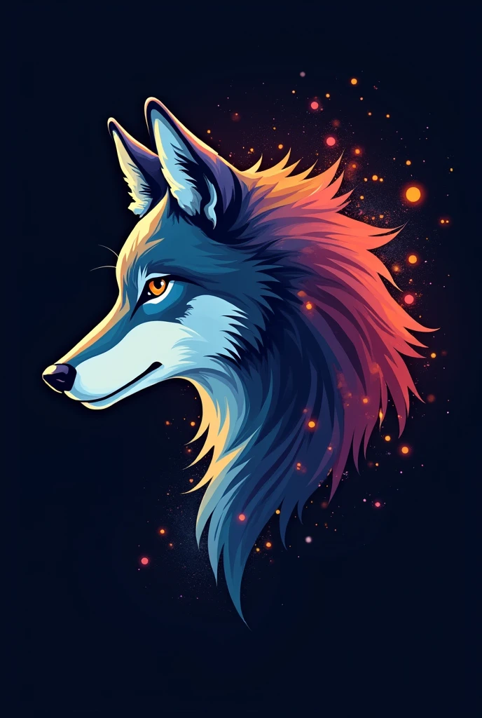 Colorful signs, Simple cute little wolf head vector art logo illustration, front, magic, Sharp design, Soft, monochrome, Dark magic colorful splash paint, T-shirt design, Studio Ghibli style, Design should be vector art . Use Adobe Illustrator, Create a clean, Simple yet charming logo. Keep the design focused on the cat’s eye, Capture its uniqueness and charm. The logo should evoke a feeling of sophistication and serenity. Emphasis on low-poly style,Add a touch of luxury. The overall appearance should be stylish and beautiful, Related to your brand and logo goals, black background, ((symmetry)) This is a wolf,Do not reflect