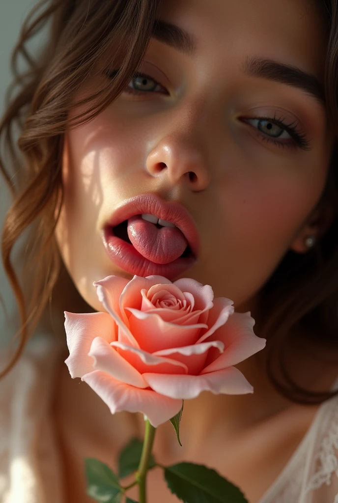 There is a woman with a rose in her mouth and tongue., licking, Aesthetic!!!!, licking tongue, Aesthetic!!!!!!!!, Aesthetic!!, soft and cooing tongue, Aesthetic!!!!!!, Aesthetic!!!!!, Aesthetic!!!, very Aesthetic!!!!!!, inspired by Hedi Xandt, Pink lips, very Aesthetic!!!!!!!!!!!!!!!, tongue out, by Hedi Xandt