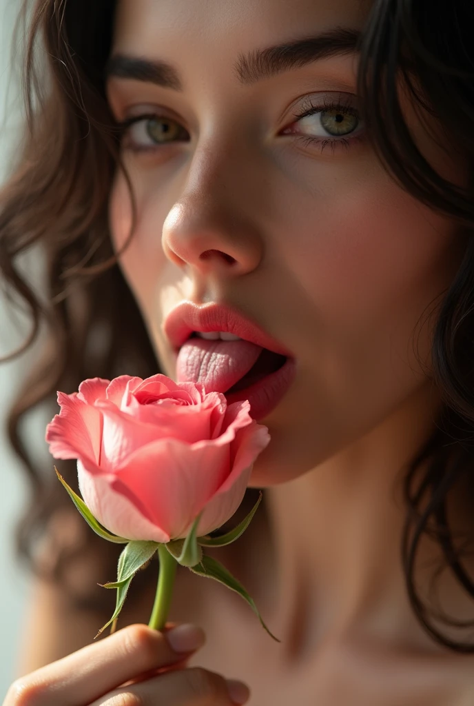 There is a woman with a rose in her mouth and tongue., licking, Aesthetic!!!!, licking tongue, Aesthetic!!!!!!!!, Aesthetic!!, soft and cooing tongue, Aesthetic!!!!!!, Aesthetic!!!!!, Aesthetic!!!, very Aesthetic!!!!!!, inspired by Hedi Xandt, Pink lips, very Aesthetic!!!!!!!!!!!!!!!, tongue out, by Hedi Xandt