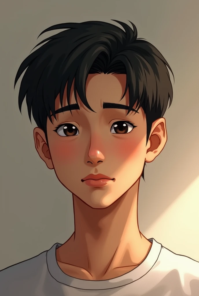 young man, normal build, black hair, round face, dark skin