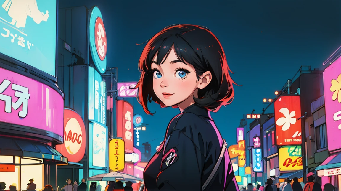 highest quality, masterpiece), 1 Girl, 1980s \(style\)Beautiful expression,lmao,Turning around and looking at the viewer with a smile,\(style\)Upper Body,pin up , \(style\)Black Hair,\(style\), citypop, lofi,\(style\),1980s fashion,,casual,1980s fashion, citypop,retro,\(style\)neon,Amusement park at night,Illuminated lights,shibuya, tokyo,