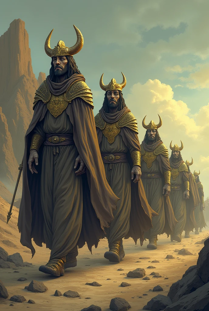 Exiled Gods: A group of divine figures, marching away from the land, with sad or resigned expressions, while leaving behind a dark and lifeless world. That they are easy to make as in a cartoon or something easy to recreate to draw even if it is also animated