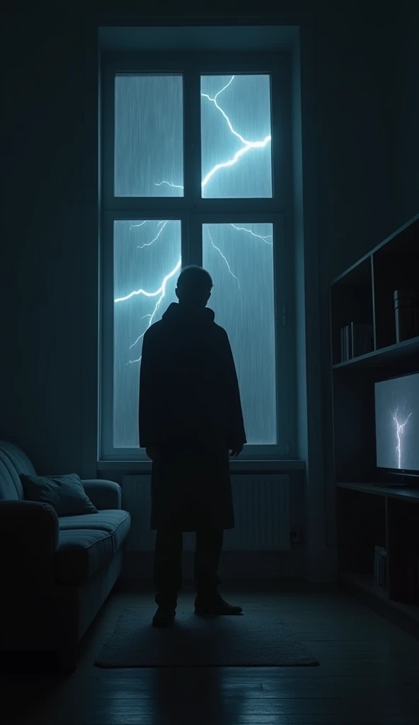 in a dark room, the only source of light is the lightning that briefly illuminates the room through the window, revealing a rainy and gloomy night outside. The flash of lightning inside the room, It's minimalist, with a sofa and a bookcase against the wall, where a TV is turned off, your screen reflecting the darkness of the environment.
In the middle of the room, the shadow of a humanoid figure appears with a clearly threatening shape of a man. The figure is standing. Lightning illuminates the scene for an instant, and the presence of the shadow creates an atmosphere of tension, as if something terrible was about to happen. The rain outside seems to intensify the oppressive silence inside the room..