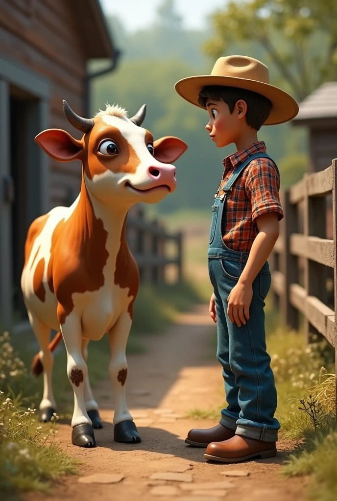 A cow at home was talking to a 20-year-old man in vintage farmer&#39;s clothing. The 20-year-old man acted surprised.