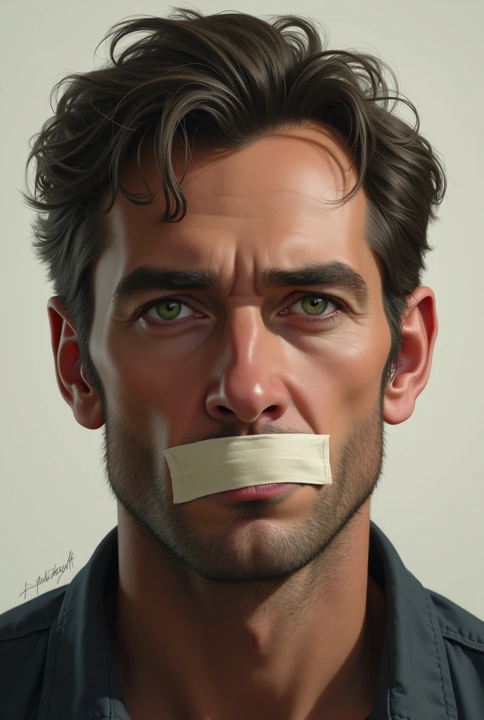 Dessin Visage homme petit pansement sur la bouche yeux verts 