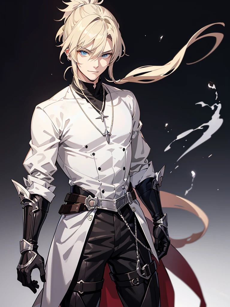 Anime attractive man, 20 year old, blonde hair, very very short ponytail, tall, muscular, black vampire hunter outfit, silver lining, solo, one person, knight, black gloves, silver arm bracers, high resolution, high quality, masterpiece, masculine face, silver necklaces, smirk.