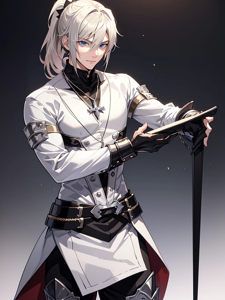 Anime attractive man, 20 year old, blonde hair, very very short ponytail, tall, muscular, black vampire hunter outfit, silver lining, solo, one person, knight, black gloves, silver arm bracers, high resolution, high quality, masterpiece, masculine face, silver necklaces, smirk.