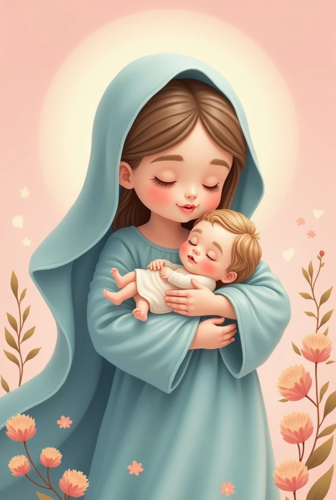 create a cartoon style image of the virgin mary holding baby jesus, for a picture painting , with its blue-toned veil and pink background, and some flowers