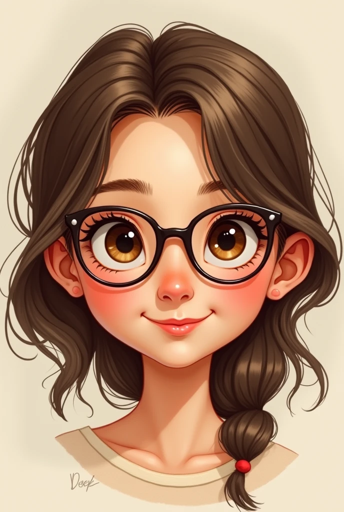 A girl neither fat nor skinny with half pointed glasses not so much half just Wavy hair smiling with eyelashes, eyebrows, Brown eyes, perfect nose
(disney style)