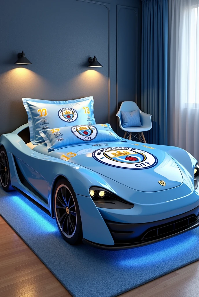 An example of a car-shaped bed with a mattress using Manchester City bed sheets and bedcovers plus lights under the bed and Air Conditioner.