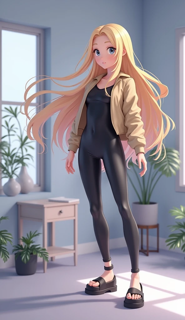 Image of a woman in black with a tan jacket, Photorealistic anime girl rendering, Cute 3D anime girl render, Realistic Anime 3D Style, Lostland Style, Long Haired Blonde Anime, Anime Styled 3d, Anime Style. 8k, Style Anime, Girls Frontline Style, Surreal school girl,Large Breasts,