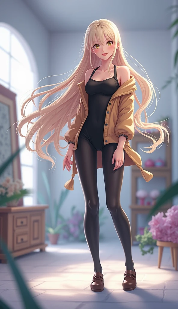 Image of a woman in black with a tan jacket, Photorealistic anime girl rendering, Cute 3D anime girl render, Realistic Anime 3D Style, Lostland Style, Long Haired Blonde Anime, Anime Styled 3d, Anime Style. 8k, Style Anime, Girls Frontline Style, Surreal school girl,Large Breasts, 