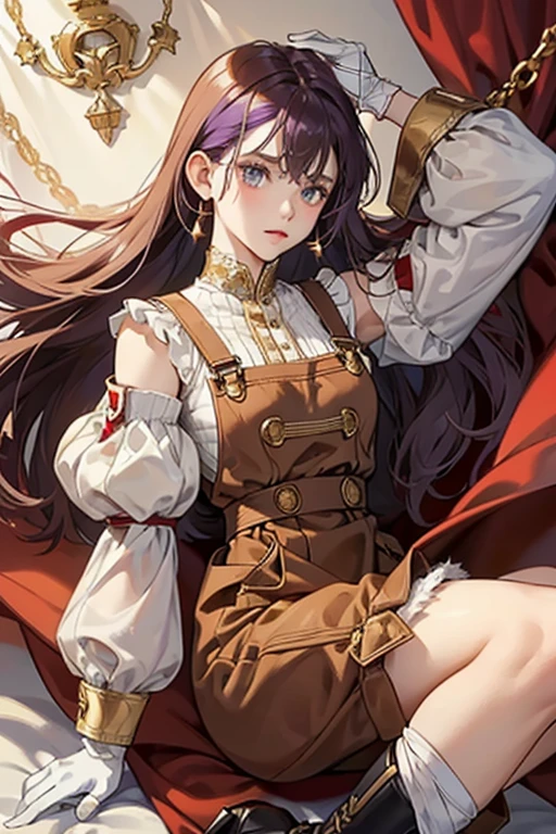 she purple hair. Chevreuse's attire resembles that of a 19th century French soldier. She wears detached sleeves white shirt, that has a detached sleeves dark brown colored overalls that go all to her thighs, bottom is similar to puffed up shorts. It's similar to her sleeves, which are white sleeves, that have the same dark brown puffy sleeves with gold shoulder cuffs underneath is some red fabric that has golden stripes, sleeves have two gold lines going down on front and back, with small white cuff below and gloves, each have red and golden matching designs, on the white cuffs is a diamond button on them, on the wrist of the sleeves is some gold ornament, her dark brown overalls have a third layer which is a res fabric that is spilt at the top, before going down reaching where the thighs are, while there are two one red Fabrics that are attached to it by gold somewhat clips, the top of the red overalls have 2 rhombus shaped buttons, with the same gold clip on the bottom of the gap, and some other on the sides, being connected by some red ornament that has a gold spike on it, the whole third layer is designed with gold patterns.

Under her puffy shorts are two white Fabrics that are cut into somewhat triangle shapes, both having the same gold patterns, while there's a thin fabrics going between them, resembling an arrow. She wears long white gaiters, detailed with a red line on each side. She wears dark brown shoes, having gold clips on the side of her feet. Her pants are also designed with darker brown color designs, with red also. Two gold clips above the red triangle patterns on the shorts, and two large gold clips on the side of her shorts. SPARKLE; GLITTER